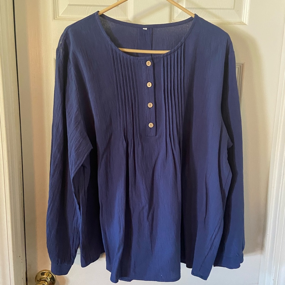 Blue Long-Sleeve Pleated Button Front Women's Top